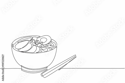 Continuous one line drawing ramen with various toppings. Protein that complements carbohydrates. Served to customers. Homemade treats. National Ramen Day. Single line draw design vector illustration