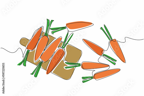 Continuous one line drawing some carrots scattered near the cutting board. Foods that can fight growth of cancer cells. Health. International Carrot Day. Single line draw design vector illustration