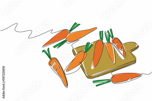 Single continuous line drawing some carrots on the chopping board. Raw food ingredients. Will be processed into delicious nutritious food. International Carrot Day. One line design vector illustration