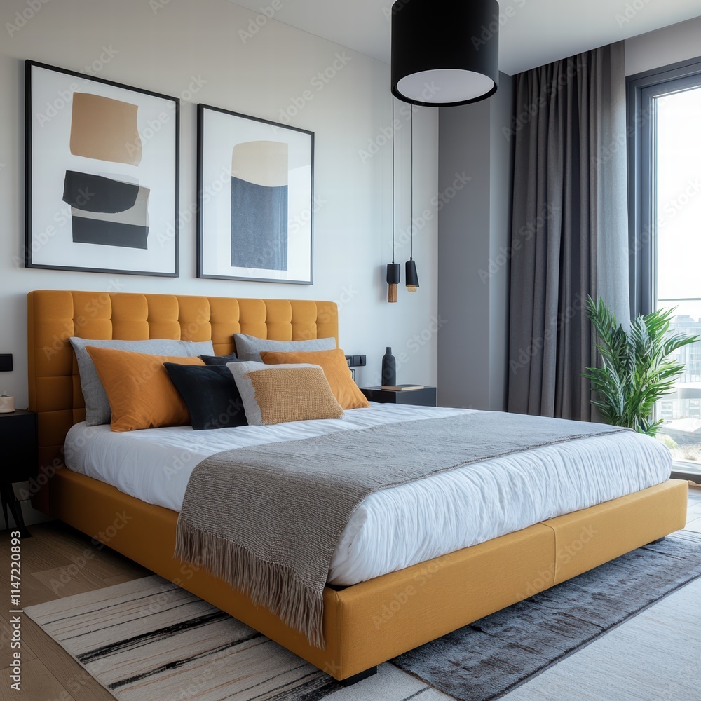 Fototapeta premium The bed is a bright orange color and is surrounded by pillows and a blanket