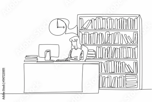 Single one line drawing female librarian sitting in chair typing on keyboard. Daily routine activities. Notes for simplicity. National School Librarian Day. Continuous line design graphic illustration