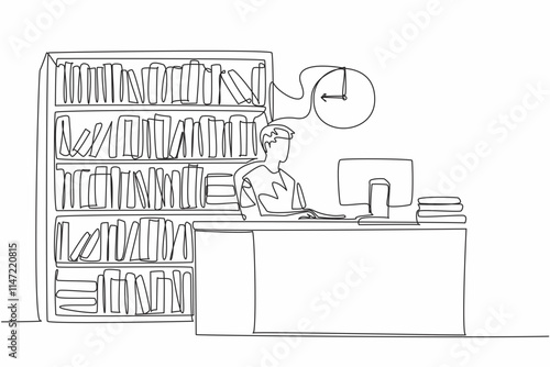 Continuous one line drawing male librarian sit in chair typing on keyboard. Create book number to facilitate data collection. National School Librarian Day. Single line draw design vector illustration