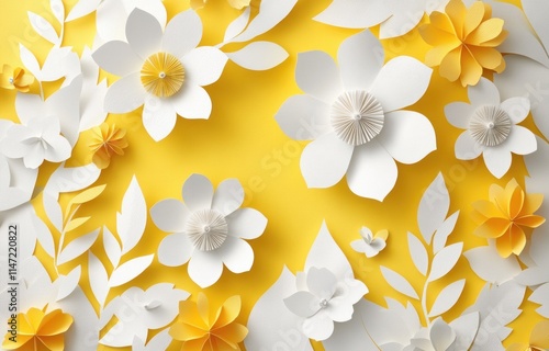 Yellow background with white and yellow paper flowers.