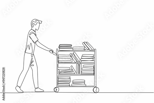 Single continuous line drawing male librarian pushing a trolley full of books. Maintenance measures. Avoid damage to many books. National School Librarian Day. One line design vector illustration