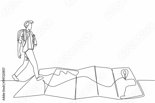 Continuous one line drawing a man with a backpack walks over a creased map. Enough supplies. Directions are there. Adventure. National Read a Road Map Day. Single line draw design vector illustration