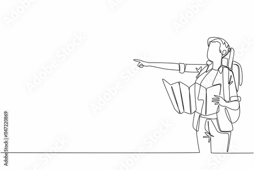 Single continuous line drawing a woman with backpack holding map while pointing. The direction to be taken. Accuracy and confidence. National Read a Road Map Day. One line design vector illustration