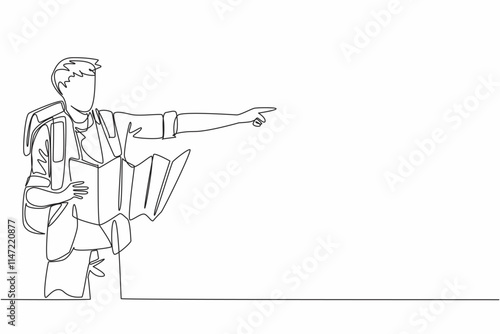 Continuous one line drawing a man with backpack holding map while pointing. Read road directions and adjust to map. Accuracy. National Read a Road Map Day. Single line draw design vector illustration
