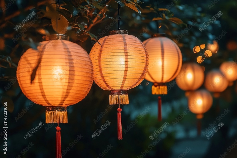 Obraz premium A serene display of glowing lanterns hanging in a garden, creating a warm, inviting atmosphere.