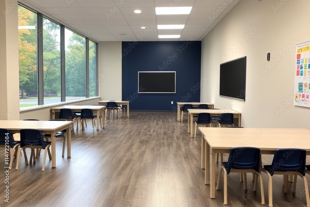 A modern classroom with tables and chairs, designed for learning and collaboration. A modern classroom with tables and chairs, designed for learning and collaboration.