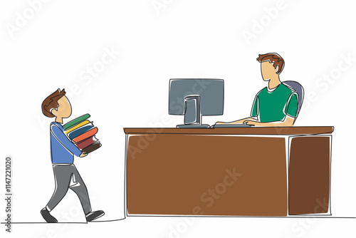 Single one line drawing boy carrying stack of books to male librarian. Work on recording books to be returned. Dedication. National School Librarian Day. Continuous line design graphic illustration