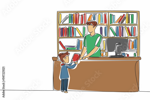 Single one line drawing male librarian receives book from male student. Daily work of a librarian. Large collection of books. National School Librarian Day. Continuous line design graphic illustration