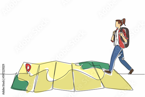 Single continuous line drawing female backpacker walking on a creased map. Step firmly following the directions. Route to healing. National Read a Road Map Day. One line design vector illustration