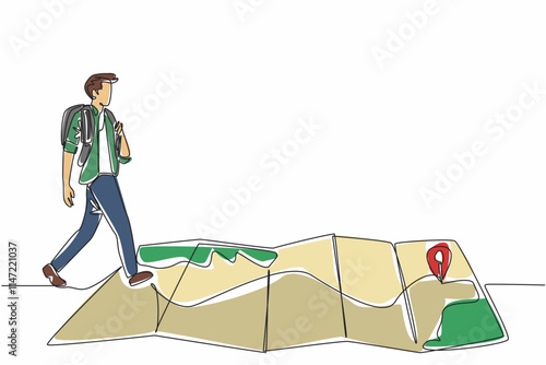 Continuous one line drawing a man with a backpack walks over a creased map. Enough supplies. Directions are there. Adventure. National Read a Road Map Day. Single line draw design vector illustration