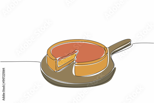 Continuous one line drawing deep dish pizza on round cutting board with 1 slice cut out. Thick and tasty pizza. Chicago style. National Deep Dish Pizza Day. Single line draw design vector illustration