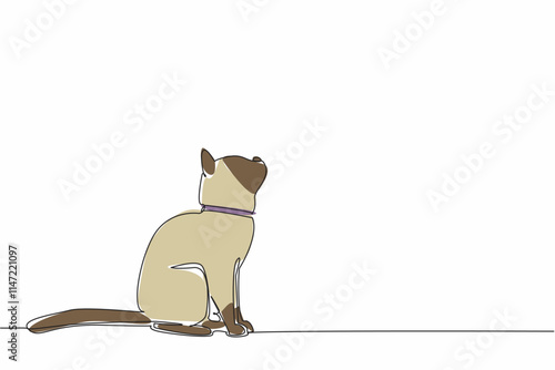 Single continuous line drawing siamese cat posing. Pet tag necklace around the neck. Look up. Seeing and observing flying prey. Cheerful. National Siamese Cat Day. One line design vector illustration
