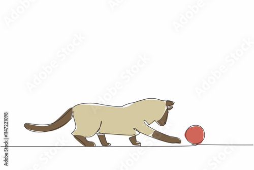 Single one line drawing siamese cat hitting a knitted ball. Curious about the movement of the ball. Adorable behavior. Happiness. National Siamese Cat Day. Continuous line design graphic illustration