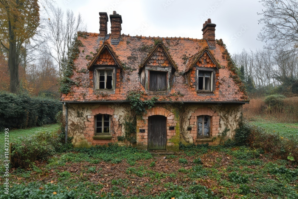 Fototapeta premium Renovation expert inspects an abandoned house surrounded by nature in a quiet setting