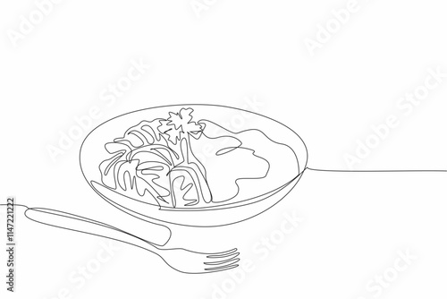 Single continuous line drawing fettuccini carbonara dish ready to be served. Creamy sauce that adds deliciousness to mouth. Amazing taste. National Carbonara Day. One line design vector illustration