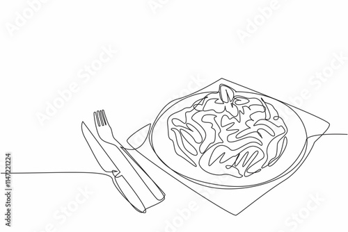 Single continuous line drawing fettuccine carbonara on a black round plate. Served in a classic way. Use a fork and knife to eat it. Savory. National Carbonara Day. One line design vector illustration