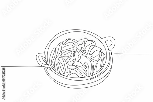 Continuous one line drawing spaghetti carbonara on a black pan with a round wooden cutting board. Keep food warm. Delicious. Tasty. National Carbonara Day. Single line draw design vector illustration