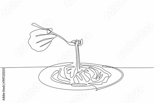 Single one line drawing hand forking spaghetti from a round plate. Taste the traditional food that has been served. Gourmet. Yummy. National Carbonara Day. Continuous line design graphic illustration