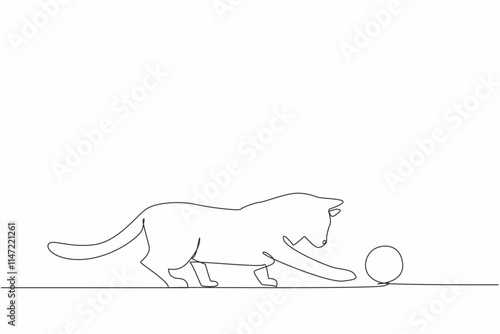 Single one line drawing siamese cat hitting a knitted ball. Curious about the movement of the ball. Adorable behavior. Happiness. National Siamese Cat Day. Continuous line design graphic illustration