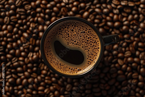 Close up of a steaming cup of coffee surrounded by roasted coffee beans on a wooden background. Generative AI photo