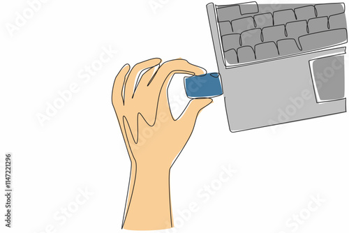 Continuous one line drawing hand inserting a flash drive into the laptop. Transferring important data. Doing copy paste. Tech. National Flash Drive Day. Single line draw design vector illustration