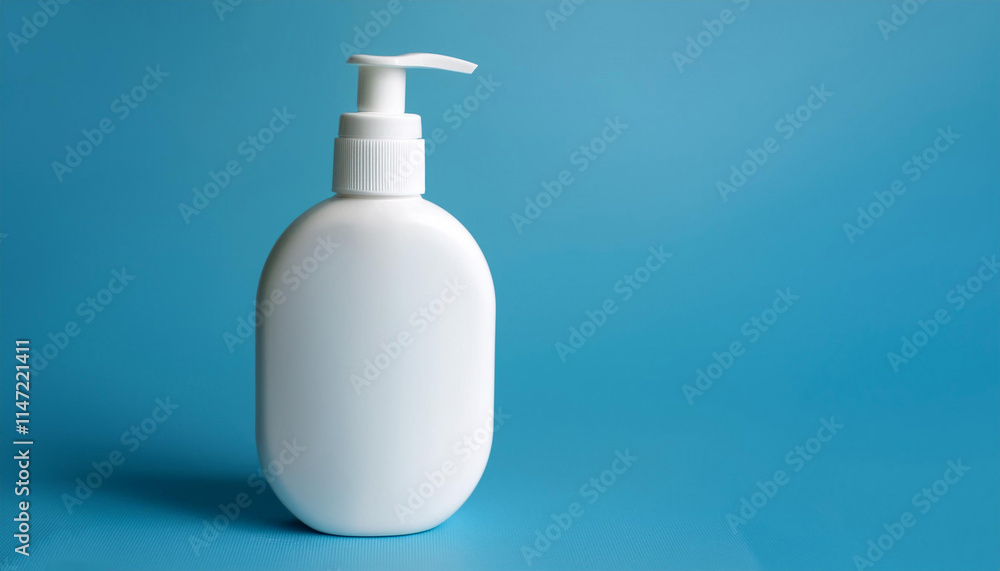 White pump bottle on pastel blue background. Care about clean and soft hands, legs and body skin or hair. Beauty product. Empty place for text or logo. Closeup. White pump bottle on pastel blue background. Care about clean and soft hands, legs and body skin or hair. Beauty product. Empty place for text or logo. Closeup.