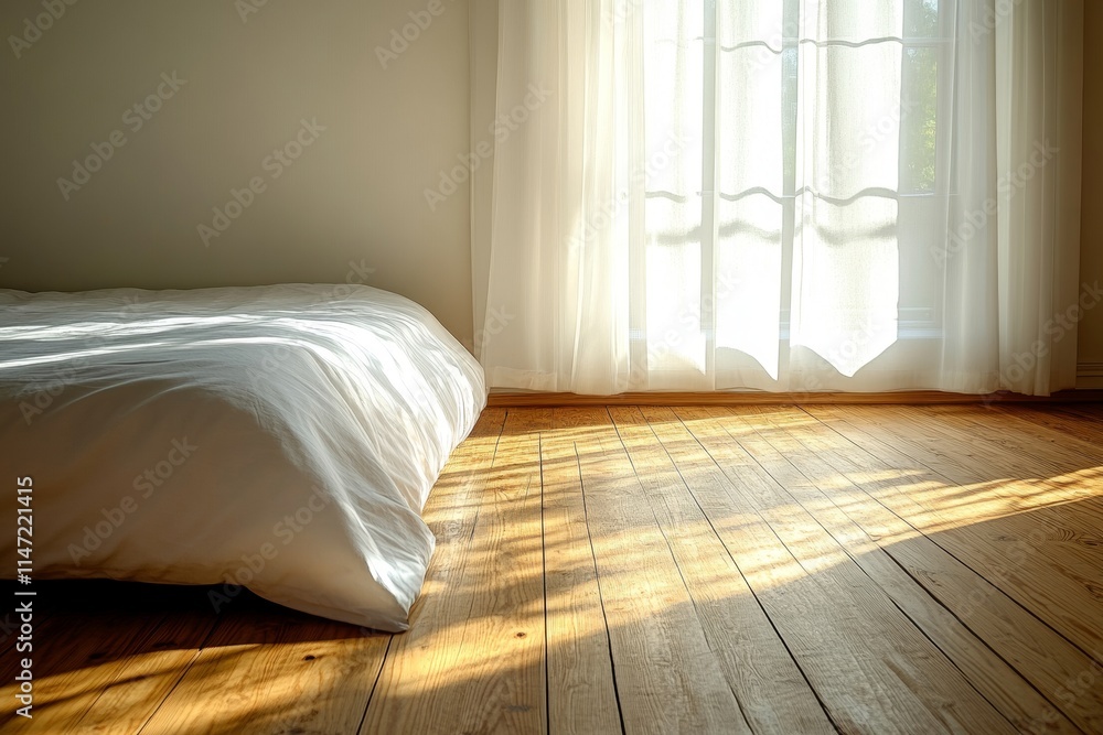 A serene bedroom scene with sunlight streaming through sheer curtains onto wooden floors. A serene bedroom scene with sunlight streaming through sheer curtains onto wooden floors.