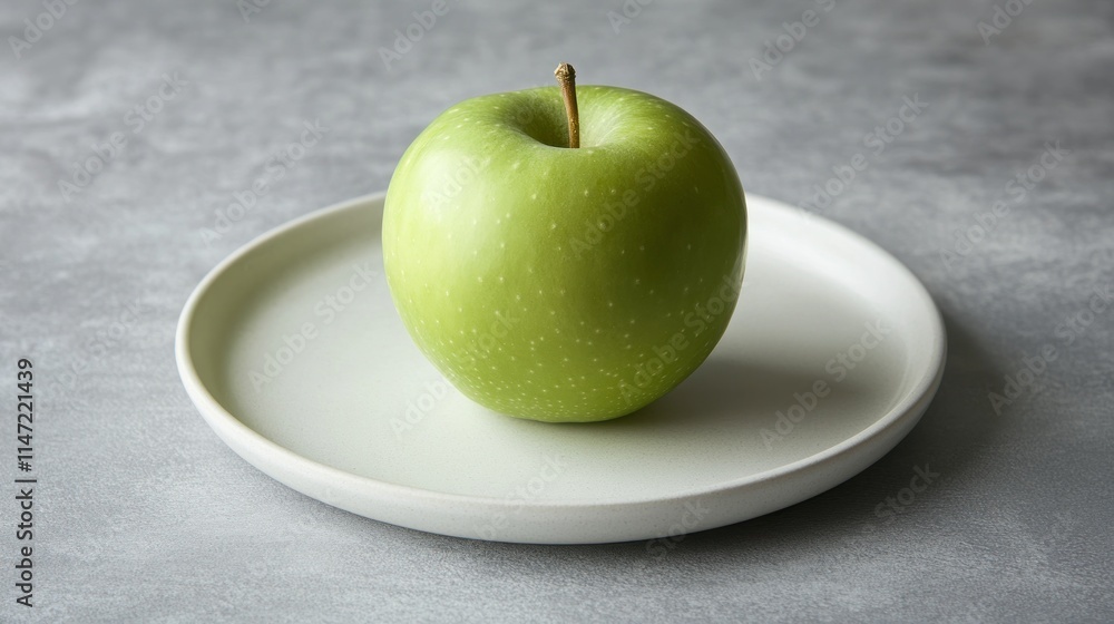 Single green apple on a white plate. Single green apple on a white plate.
