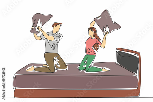 Single continuous line drawing young couple in pajamas sitting on bed holding pillow. A couple who likes to joke around. Bonding. International Pillow Fight Day. One line design vector illustration