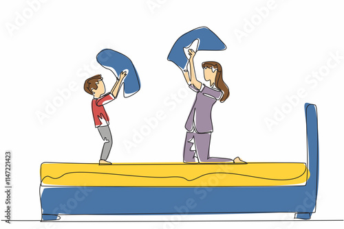 Single continuous line drawing boy standing and mother in pajamas sitting on bed. Compete before sleepy. Strengthening the bond. International Pillow Fight Day. One line design vector illustration