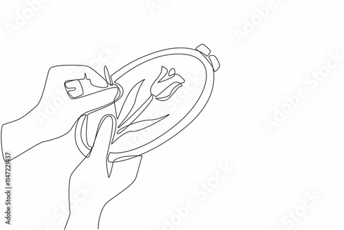 Single one line drawing two hands are embroidering a tulip pattern on the cloth. Spending free time by doing hobbies. Beautiful art. National Handmade Day. Continuous line design graphic illustration
