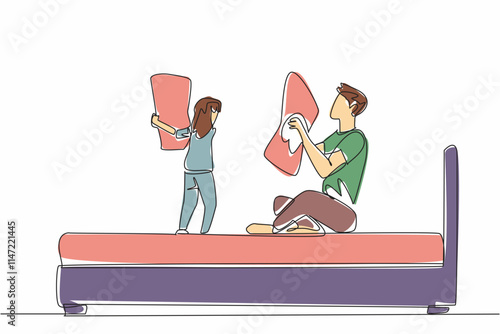 Single one line drawing International daughter standing and father in pajamas sitting on bed. Holding a pillow to prepare for war. Bond. Pillow Fight Day. Continuous line design graphic illustration