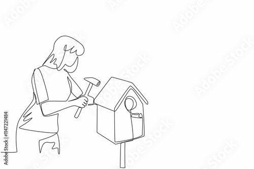Single continuous line drawing a woman making a wooden birdhouse. Expressing creativity with tools. Home for new pets. Strong woman. Creative. National DIY Day. One line design vector illustration