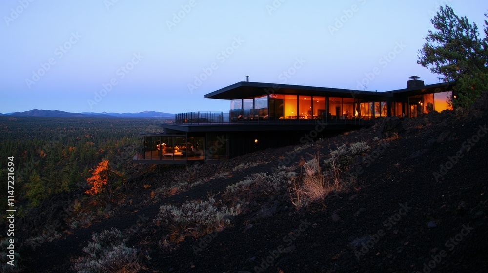 Modern house on a hilltop at dusk, illuminated interior. Modern house on a hilltop at dusk, illuminated interior.