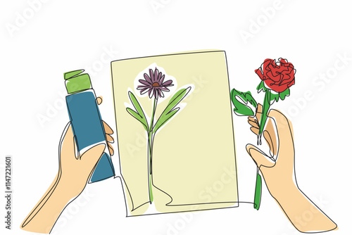 Continuous one line drawing one hand holds a rose while the other holds glue. The art of attaching flowers requires patience. Crafts. National Handmade Day. Single line draw design vector illustration