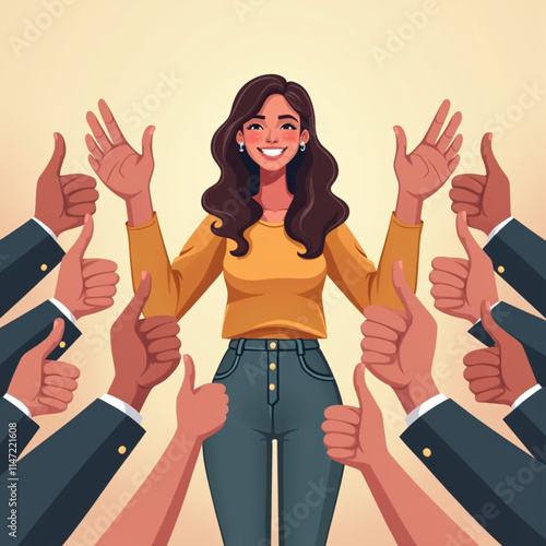 Public approval for a happy woman standing among positive gestures of support and acceptance. People support the blogger bride by expressing approval and sincere comments or agreeing.