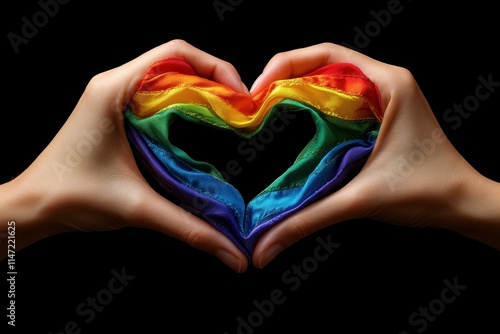 Hands create a heart shape with a vibrant rainbow flag fluttering in the wind photo