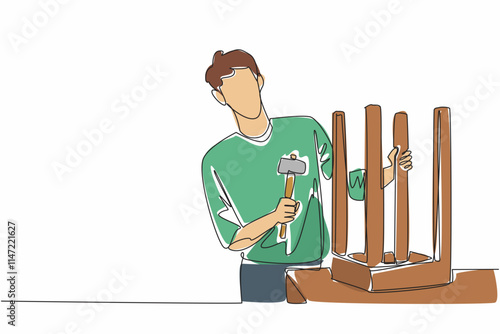 Continuous one line drawing a man fixing a chair in inverted position with hammer. Skill and patience. Becoming a skilled man. Repairing. National DIY Day. Single line draw design vector illustration