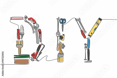 Single one line drawing various carpentry tools assembled to form DIY. An intention and skill. Repairing the damage in house. Building. National DIY Day. Continuous line design graphic illustration