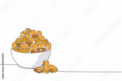 Single continuous line drawing caramel popcorn in white bowl with caramel pieces scattered around. Snacks eliminate hunger. Munchies. National Caramel Popcorn Day. One line design vector illustration