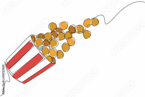 Single one line drawing caramel popcorn flying from a striped paper container. A snack metaphor that makes float. Munchies. National Caramel Popcorn Day.
