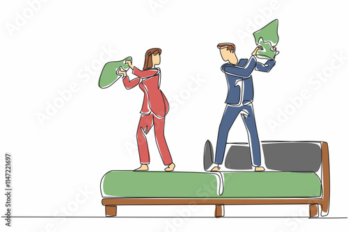 Continuous one line drawing young couple in pajamas standing on bed. Various ways to relieve longing. Husband and wife bond. International Pillow Fight Day. Single line draw design vector illustration