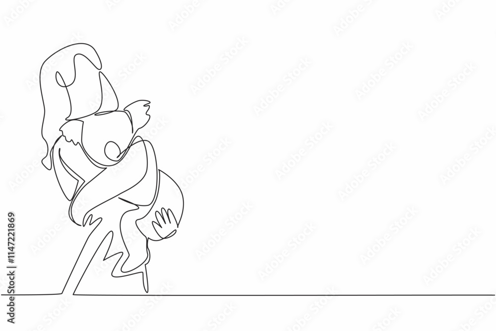 Single one line drawing woman in casual clothes hugging koala. Adorable animal with thick fur. Marsupials originate from Australia. National Zoo Lovers Day. Continuous line design graphic illustration Single one line drawing woman in casual clothes hugging koala. Adorable animal with thick fur. Marsupials originate from Australia. National Zoo Lovers Day. Continuous line design graphic illustration