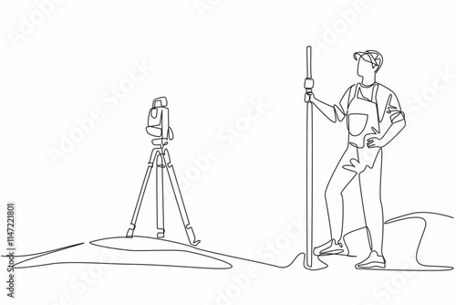 Continuous one line drawing man measures land using total station. New project plan. Measuring angles and distances. Theodolite. The expert. Geologists Day. Single line draw design vector illustration