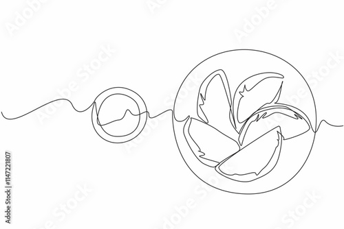 Single one line drawing 5 pcs empanadas on a small round plate and make a circle line. Freshly cooked food. Sauce as a complement. National Empanada Day. Continuous line design graphic illustration