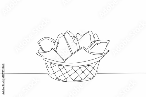 Single continuous line drawing empanadas arranged on a wicker rattan and tissue container. Packaged meals provided by the restaurant. Tasty. National Empanada Day. One line design vector illustration