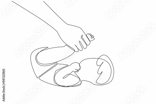Single continuous line drawing baby massaged with both legs lifted. Stretching. Makes the baby more relaxed. Do it with warm baby oil. Affection. Baby Massage Day. One line design vector illustration